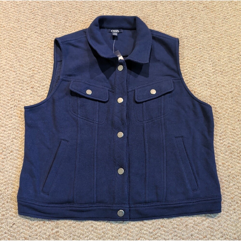 Chaps Trucker Vest Womens XL River Path Blue Snap Front Preppy Classic